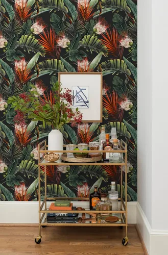 Miniatura 4 de HAOKHOME Papel tapiz removible con diseño floral de selva para despegar y pegar, papel de pared de vinilo negro/verde/rojo, papel de contacto, 17.7