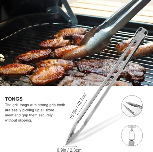 Miniatura 3 de Grilljoy Juego de 8 herramientas resistentes para parrilla BBQ con espátula de acero inoxidable extra gruesa, tenedor, pinzas y cepillo de limpieza