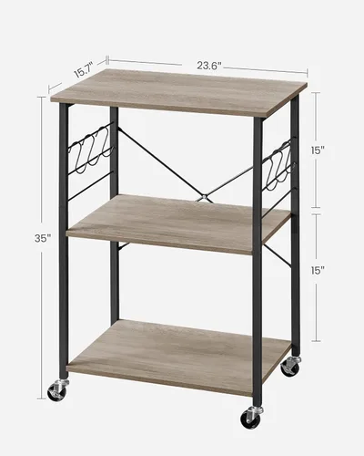 Miniatura 3 de VASAGLE Estante de cocina con ruedas, carrito de servicio de 23.6 pulgadas con 3 estantes, carrito de cocina, estante de microondas, para mini Gris