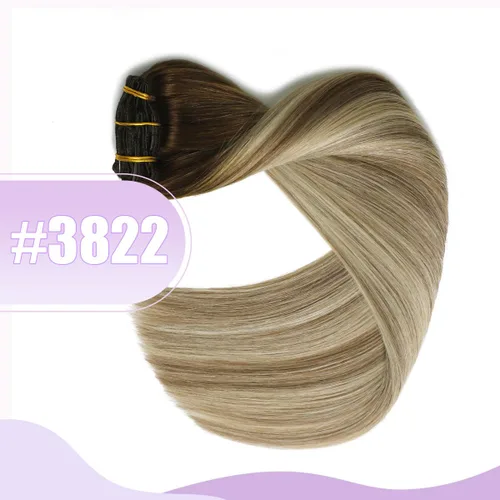 Miniatura 5 de Sindra Extensiones de cabello humano con clip, balayage 3/8/22 de color marrón oscuro a marrón ceniza y rubio dorado, extensiones de cabello humano