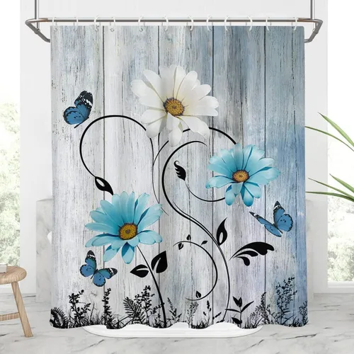 AAtter Cortina de ducha floral azul rústica boho gris blanco amarillo margarita naturaleza negro botánico telón azul verdoso turquesa tela única
