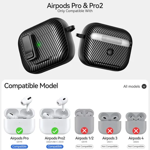 Miniatura 2 de Compatible con AirPods Pro de 2ª Generación Funda con Soporte para Teléfono, (con Clip de Bloqueo) Diseño de Fibra de Carbono Funda de Protección