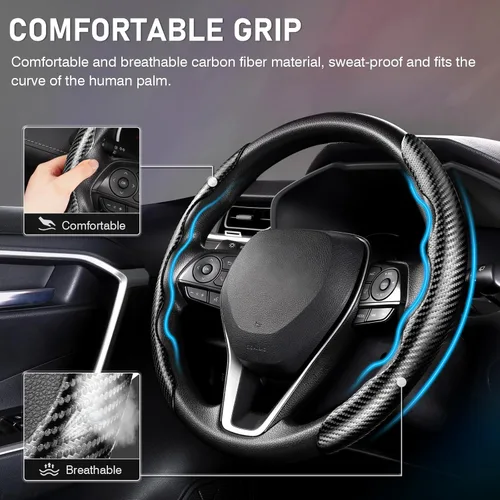 Miniatura 2 de Cartist Funda de volante de fibra de carbono, antideslizante, para hombres y mujeres, duradera, accesorio universal para automóvil (negro)