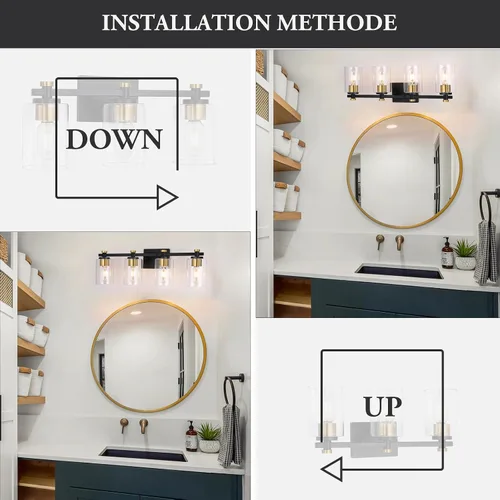 Miniatura 5 de Lámpara de Tocador de Baño de 3 Luces, Accesorios de Iluminación de Baño Negro con Pantalla de Globo de Vidrio Transparente, Aplique de Pared Negro