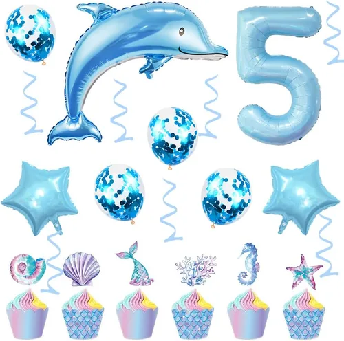 Miniatura 4 de Globos de cumpleaños de 5º delfín, globo gigante de papel de aluminio de delfín número 5, globos de Mylar de animales del océano para suministros