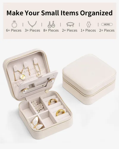 Miniatura 7 de Vlando Pequeño organizador de joyas de viaje, vitrina para niñas, mujeres, regalo anillos, aretes, collares, almacenamiento con espejo, color blanco