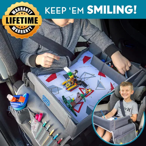 Miniatura 2 de Kenley Kids Bandeja de viaje, bandeja de regazo para asiento de automóvil para niños pequeños, mesa de actividades esenciales para viajes por Azul