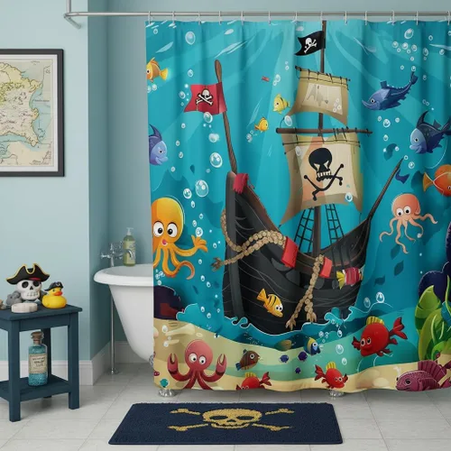 Miniatura 25 de Cortina de ducha de barco pirata de dibujos animados, 72 pulgadas de ancho x 72 pulgadas de largo, bonito sombrero pirata, bandera de calavera