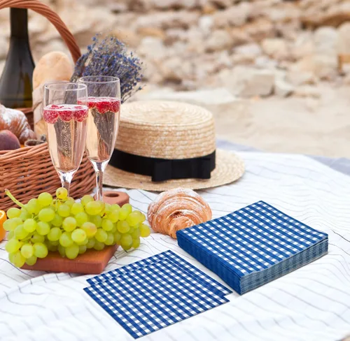 Miniatura 6 de Servilletas de cóctel a cuadros azules, paquete de 100 servilletas desechables para fiesta, picnic, boda, vajilla azul y blanco a cuadros