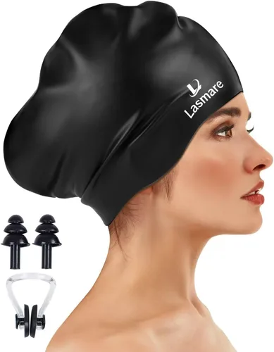 Large Long Hair Swim Cap with Extra Room for Women Men, Silicone Swimming Cap for Long Thick Hair with Ear Plugs Nose Clip Set, Adult Waterproof