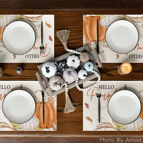 Miniatura 3 de Artoid Mode Juego de 2 manteles individuales de otoño de 12 x 18 pulgadas con diseño de hojas florales de calabaza naranja y calabaza