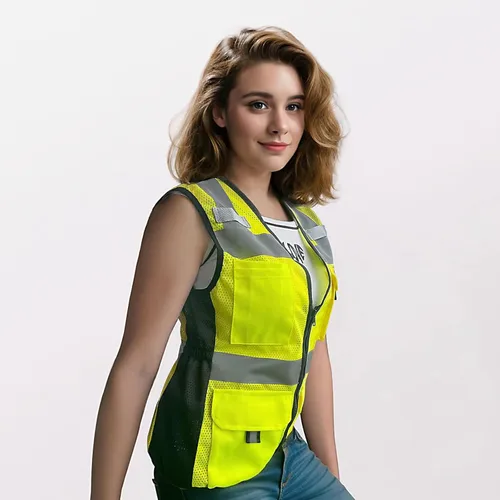 Miniatura 5 de Chaleco de Seguridad para Mujeres con 11 Bolsillos y Cremallera, Chaleco de Trabajo Reflectante de Malla de Alta Visibilidad para Mujeres Amarillo