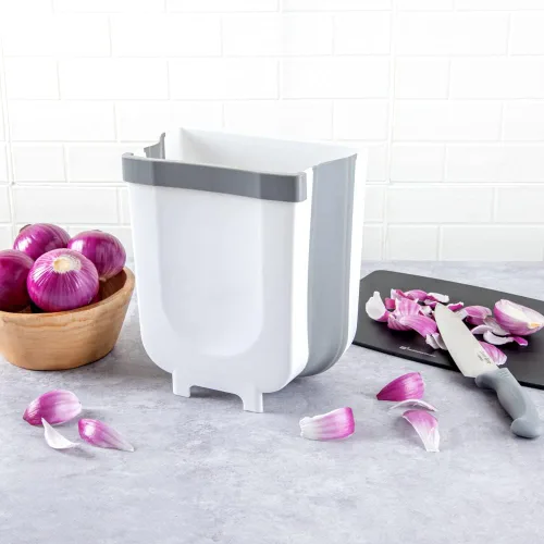 Miniatura 3 de Restaurantware RW Base - Cubo de basura plegable de 11.4 x 10 x 7.1 pulgadas, 1 bote de basura plegable, con ranura en forma de U, color gris, placa