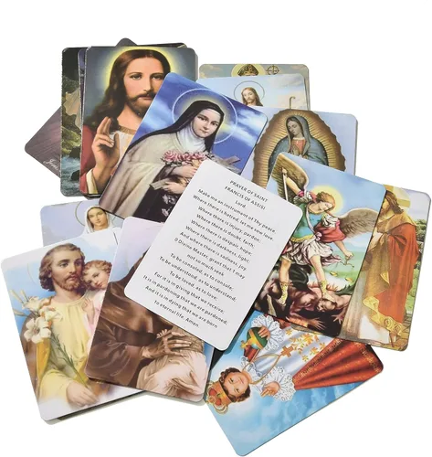 Miniatura 7 de SZQCZB Rosario - Collar católico con medalla del suelo sagrado Crucifijo con caja de metal y 18 tarjetas de oración