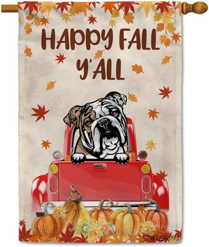 Bandera con texto en inglés «Happy Fall Y'all» con diseño de perro inteligente con calabaza en camión rojo y hojas de arce, pancarta de otoño para