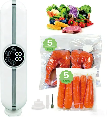 Máquina selladora al vacío de mano 3 en 1 para bolsas y tarros, sellador al vacío de grado alimenticio con 10 bolsas aptas para alimentos, también