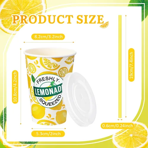 Miniatura 3 de Meanplan 300 piezas/100 juegos de vasos de limonada con tapas y pajitas, vasos desechables para fiestas, tazas de papel de limón, suministros