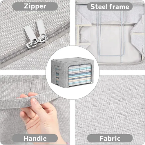 Miniatura 3 de FHSQX Paquete de 2 contenedores de almacenamiento de ropa apilables, caja de almacenamiento con marco de metal, organizador plegable de tela de lino