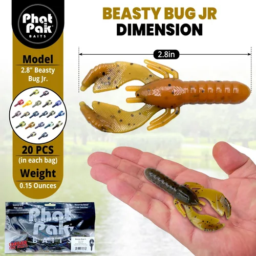 Miniatura 2 de Phat Pak Baits - Beasty Bug Jr Ned Rig Craw Finesse Bass Señuelo de pesca de plástico suave 20ct 2.8" Paquete de variedades