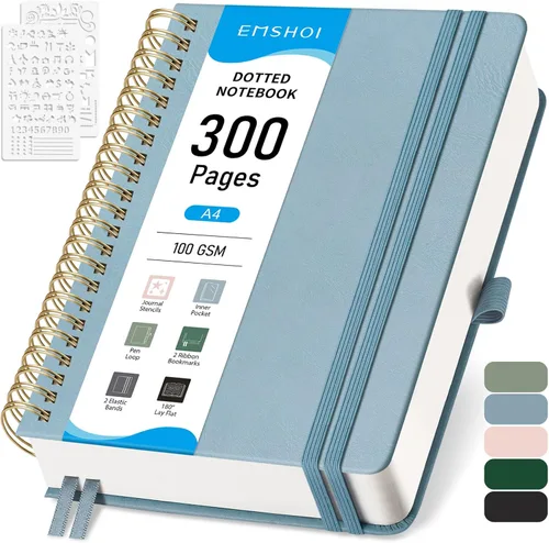 Miniatura 26 de EMSHOI Cuaderno de Espiral con Puntos para Bullet Journal - 300 Páginas, Cuero de Tapa Dura A4, Cuaderno de Cuadrícula de Puntos Gruesos de 100 GSM