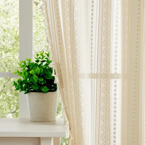 Miniatura 4 de Amzdecor Cortinas bohemias con borlas de encaje beige para dormitorio, sala de estar, lino texturizado elegante, patrón geométrico rústico