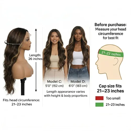 Miniatura 4 de Halcyon - Peluca sintética ondulada de 26 pulgadas, parte central natural, reflejos marrones 3-row hand-tied parting for realistic scalp