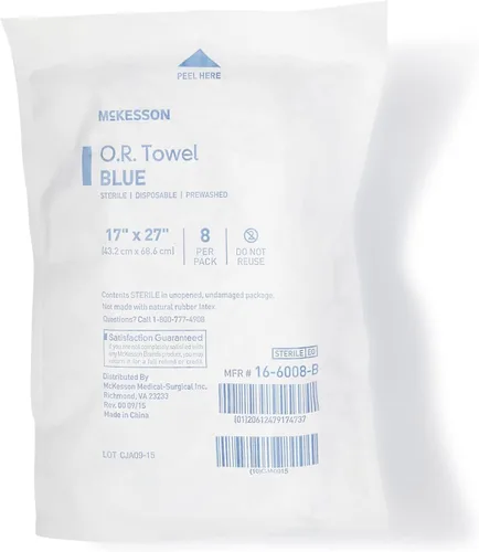 McKesson O.R. Toallas, desechables, algodón, tejido liso, prelavadas, de un solo uso, estériles, azul, 17 x 27 pulgadas, 80 toallas, paquete de 1