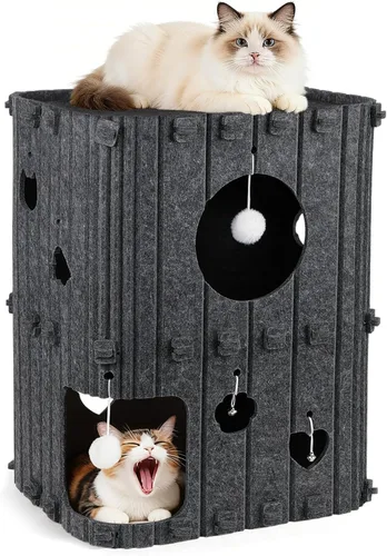 Casa para gatos de interior – Cueva cerrada de 2 pisos para gatos múltiples y grandes, cubierta de fieltro para mascotas, túnel de condominio, cubo