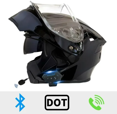 Miniatura 2 de Casco modular Bluetooth para motocicleta, aprobado por DOT, de cara completa con visor abatible, de doble visera, con altavoces duales y micrófono