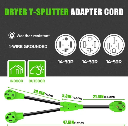 Miniatura 2 de NEMA 32-50R30R-30P - Adaptador divisor en Y para secadora de 4 clavijas y 30 amperios, cable STW de 10 AWG, 4 pies, 250 V 7500 W, para cargador