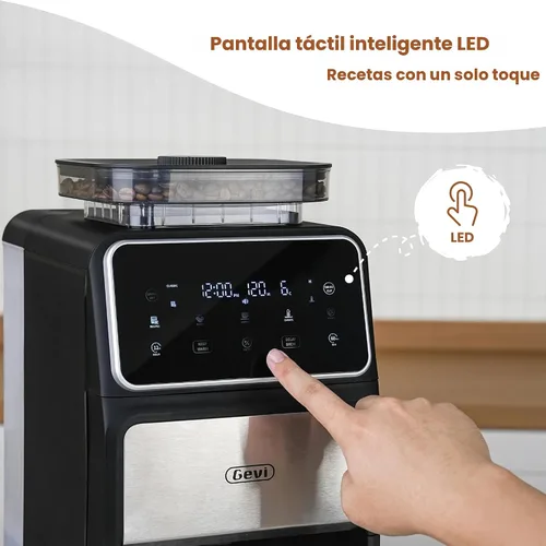 Miniatura 3 de Gevi Cafetera de goteo de 10 tazas con molinillo integrado, máquina de café combinada de moler y preparar rebabas con pantalla táctil, programable