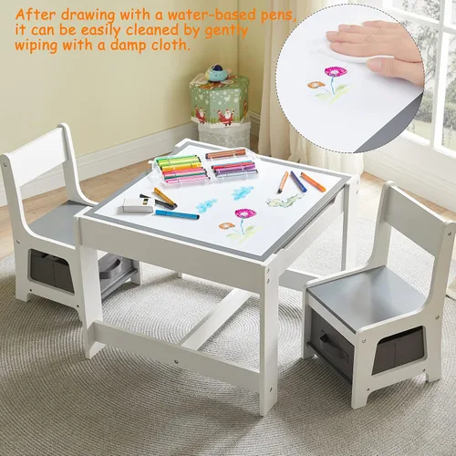 Miniatura 5 de GTOLV Juego de mesa y silla para niños, mesa de actividades de madera 3 en 1 con cajón de almacenamiento para niños pequeños, dibujo, lectura, Gris