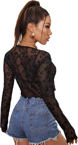 Miniatura 2 de Floerns Top corto de malla transparente de manga larga con frente abierto para mujer, sin brasier