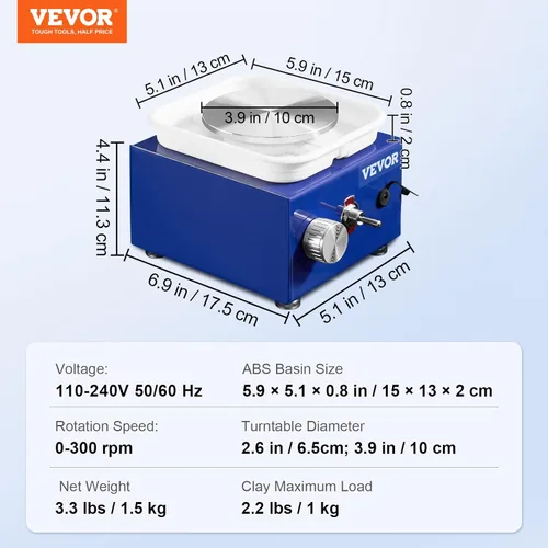 Miniatura 7 de VEVOR Rueda Mini de Cerámica para Niños y Principiantes, Kit Completo de Cerámica con 2 Platos Giratórios de 6.6cm/10cm y 17 Herramientas Azul
