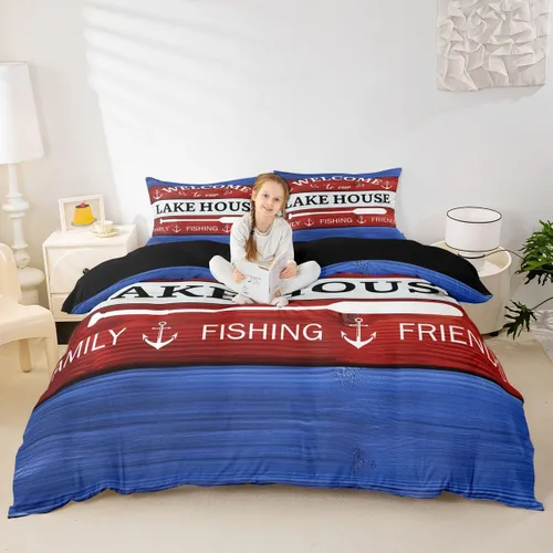 Miniatura 12 de Erosebridal Juego de ropa de cama individual con diseño de peces de lubina, la vida es mejor en el lago, funda de edredón para niños y niñas, funda