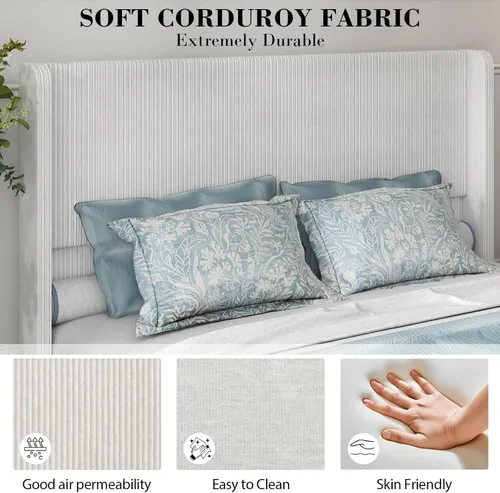 Miniatura 5 de Doltoro Base de cama tapizada tamaño Queen, plataforma de pana suave con cabecera de lujo con alas de 47 pulgadas, soporte de listones de acero
