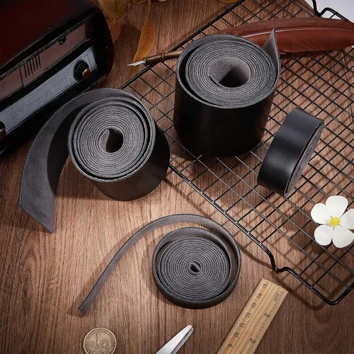 Miniatura 4 de GORGECRAFT Tira de correa de cuero de 1 pulgada de ancho 6.6 ft de largo de grano de cuero negro, cordón plano de una sola cara para manualidades