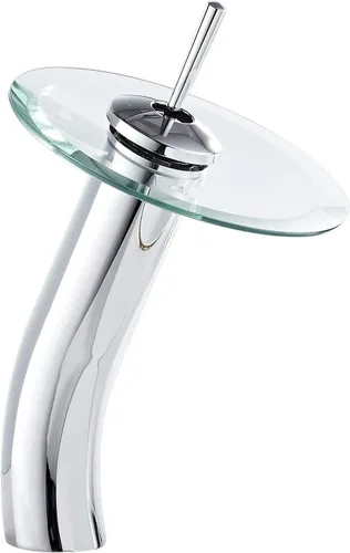 Grifo de recipiente de baño, caño de vidrio en cascada, latón macizo, lavabo, lavabo, grifo de tocador cromado de una sola manija, fregadero de Cromo