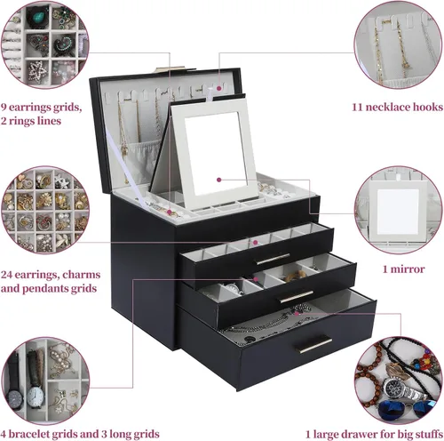 Miniatura 5 de Joyero grande para mujer, organizador de joyas de 4 capas con ganchos para collares, caja de joyería blanca para aretes, collares y pulseras
