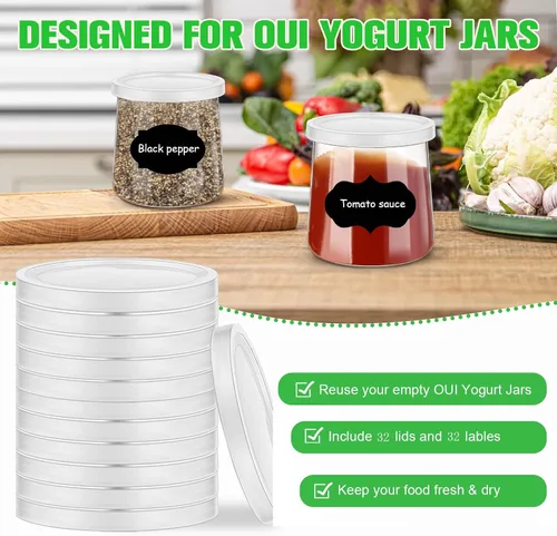 Miniatura 2 de Oui - Tapas para tarros de yogur, 32 tapas de plástico para tarros de yogur selladas contra fugas, tapas de repuesto con etiqueta para tarros de 32