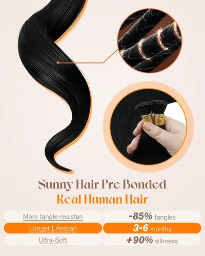 Miniatura 4 de Sunny Hair - Extensiones de cabello humano real I-tips, 24 pulgadas, 1.76 onzas, extensiones de cabello Remy, cabello humano natural suave