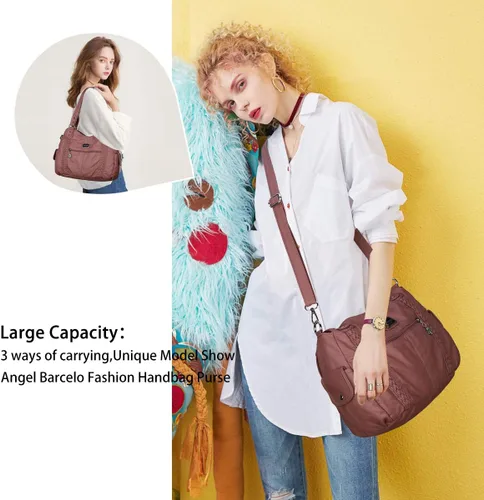 Miniatura 140 de Angel Barcelo - Bolsa de hombro amplia para mujer, diseño Hobo, cuero lavado