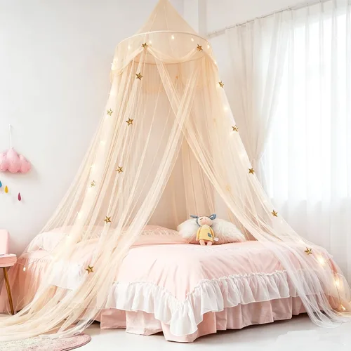 Miniatura 13 de Dosel de Cama para Niñas con Luces de Estrellas, Cortinas de Dosel de Cama de Princesa con Mosquitero de Estrella Dorada para Decoración