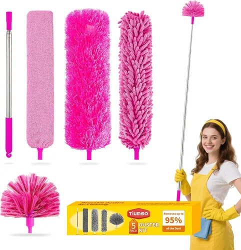 Miniatura 12 de Tiumso Kit de plumero de microfibra 5 en 1, plumeros para limpieza, plumero con poste de extensión de 100 pulgadas, plumero de telaraña, plumeros