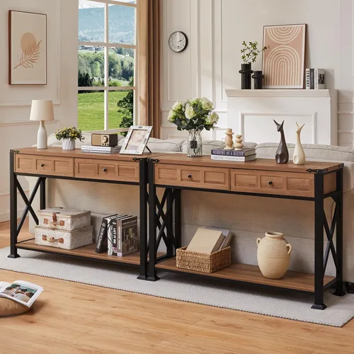 Miniatura 3 de HOMBAZAAR - Mesa de entrada rústica, mesa de consola con 2 cajones, mesas de consola industriales con almacenamiento para entrada, pasillo, sala