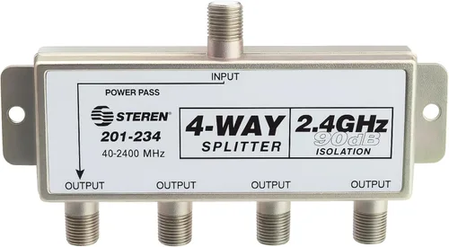 STEREN 4-Way 2.4GHz 90dB 1 puerto de paso de potencia CC que pasa en un puerto F-Pin coaxial Splitter [201-234]