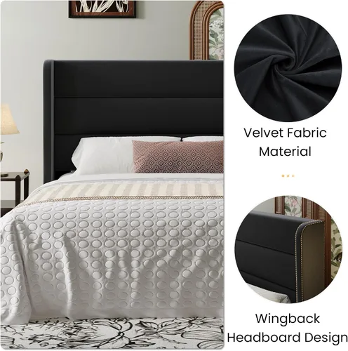 Miniatura 6 de SHA CERLIN - Base de cama tamaño Full con cabecera tapizada en terciopelo y diseño acanalado vertical; plataforma de cama tapizada con listones