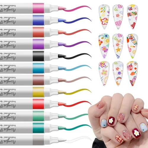 Miniatura 18 de IONSGAKO Juego de bolígrafos de arte de uñas de 12 colores, bolígrafos de esmalte de uñas, bolígrafo de dibujo de arte de uñas, secado rápido