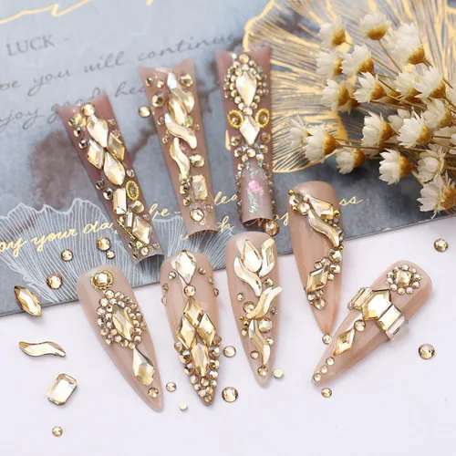 Miniatura 5 de Juego de 4010 diamantes de imitación dorados champán para arte de uñas, diamantes de imitación de parte trasera plana, dijes dorados para uñas, 6