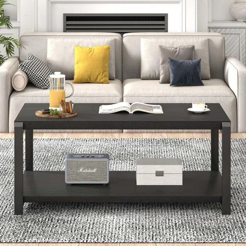 Miniatura 7 de EXCEFUR Mesa de café negra, mesa central moderna de madera rústica para sala de estar, mesa de té industrial rectangular de cóctel con estante